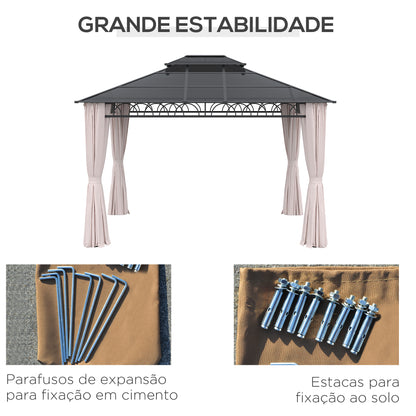 Outsunny Pérgola de Jardim 3,6x3m Pérgola de Exterior com Teto Duplo de Policarbonato 4 Cortinas Laterais Mosquiteiras com Zíper e Estrutura de Alumínio para Pátio Festas Preto Cinza e Cáqui