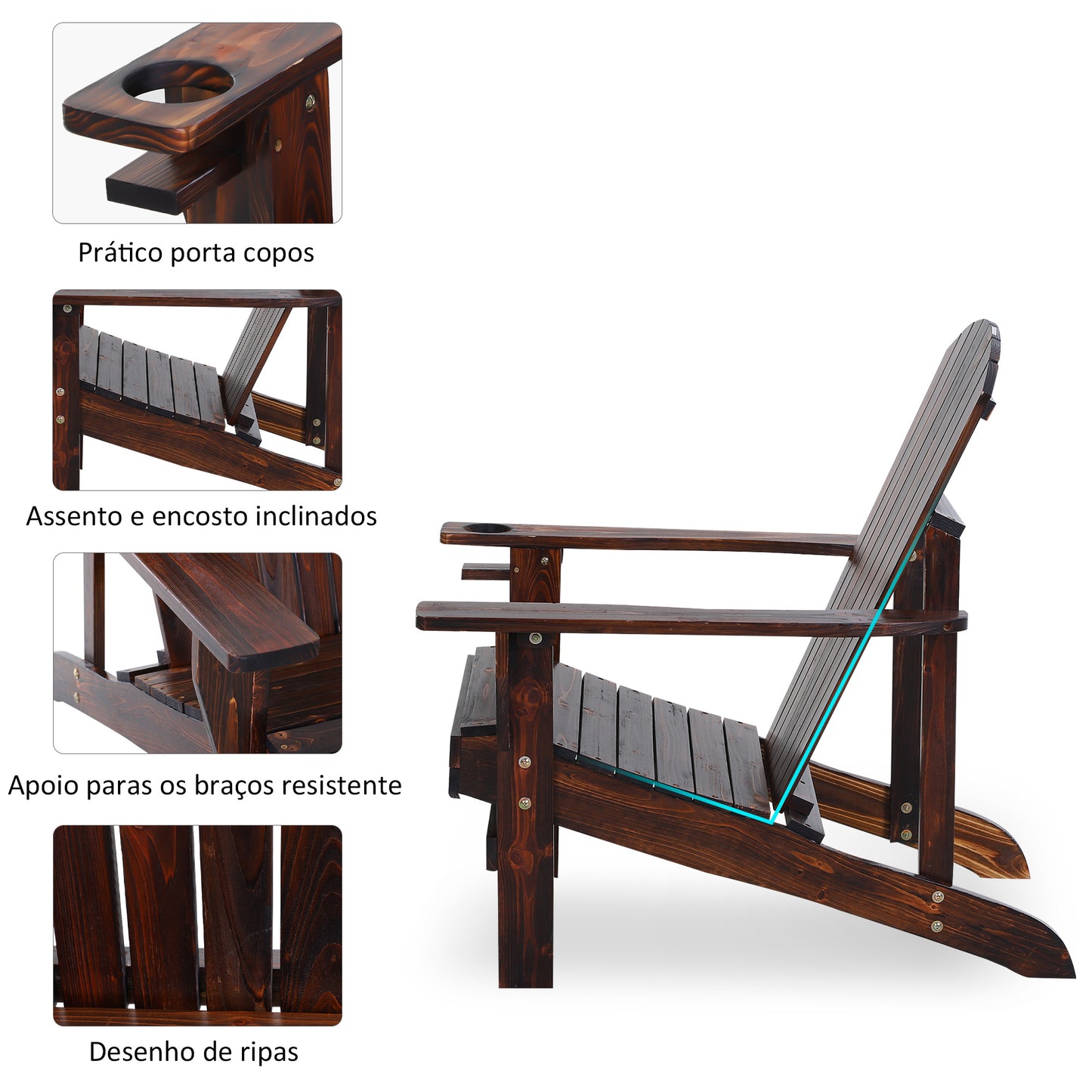 Outsunny Cadeira Adirondack de Madeira Cadeira de Jardim com Apoio para os Braços Encosto Alto para Terraço Balcão Exterior 72,5x97x96cm Marrom