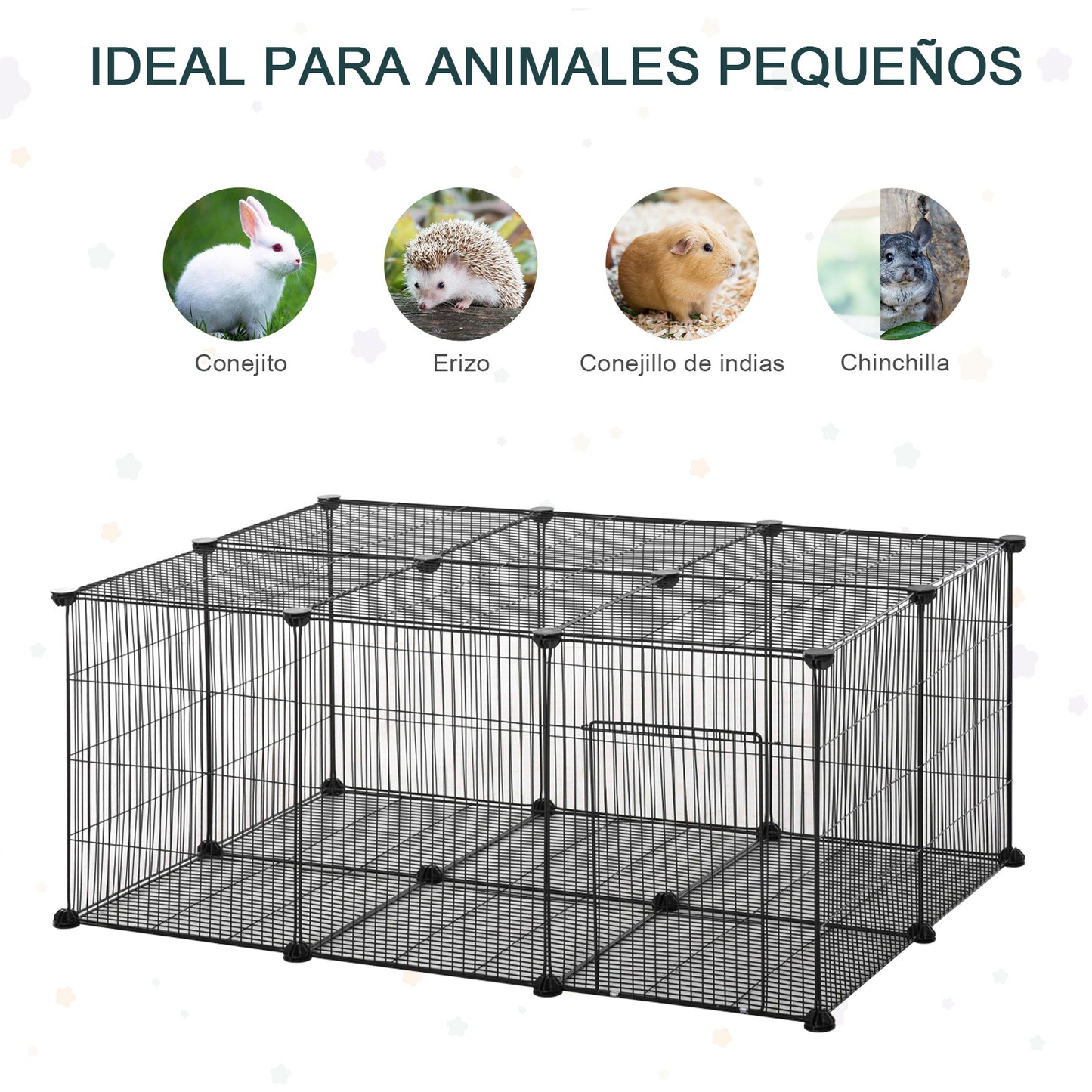 PawHut Recinto para Animais de Estimação DIY Recinto para Pequenos Animais com 22 Painéis e Porta Recinto Modular para Coelhos 105x70x45 cm Preto