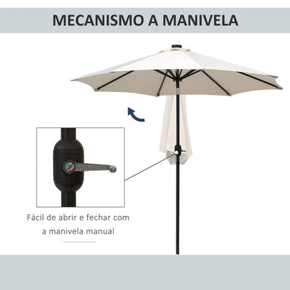 Outsunny Chapéu de Sol de Jardim Ø270x240cm com 24 Luzes LED Solar Mecanismo de Inclinação Manivela e Mastro Desmontável de Metal para Terraço Piscina Pátio Creme