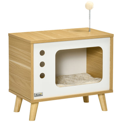 PawHut Mesa Auxiliar Cama Caverna para Gatos com Estilo Televisor Casa para Gatos com Almofada Suave Lavável Bola e Pés Elevados 50x28x43cm Carvalho