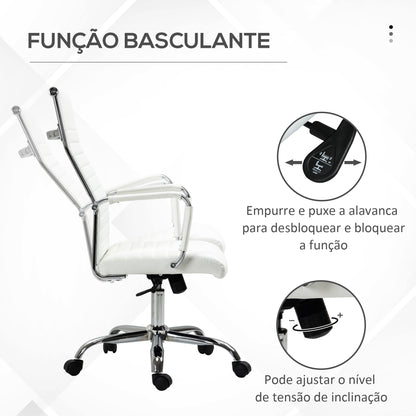 Vinsetto Cadeira de Escritório Ergonómica Giratória 360° Basculante com Altura Ajustável Rodas e Apoio para os Braços Estofada Pele Sintética 54x62x104-114 cm Branco