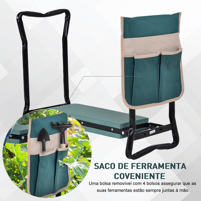 Outsunny Banco de Jardim Dobrável com Bolsa para Ferramentas Almofada de Proteção para Joelhos Assento de Jardim com Joelheira Altura Ajustável 58x28x49cm Verde e Preto