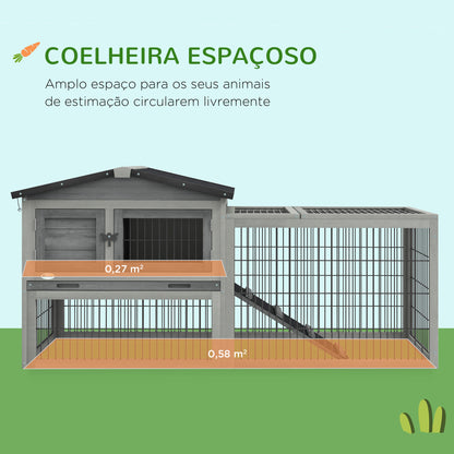 PawHut Coelheira Exterior de Madeira 150x52x68 cm Gaiola para 1-2 Coelhos com Teto Asfáltico Abatível Bandeja Amovível e Rampa Cinza