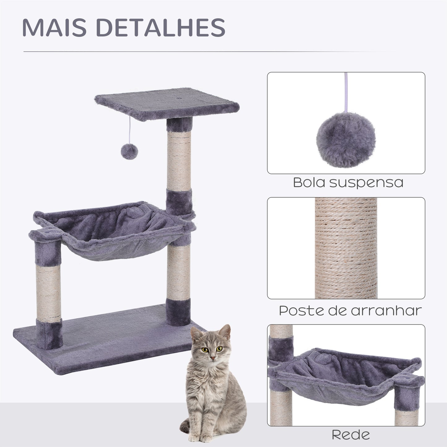 PawHut Árvore Arranhador para Gatos Torre para Gatos 50x36x70 cm Centro de Atividades com Rede Plataforma Poste de Sisal e Bola Suspensa Cinza