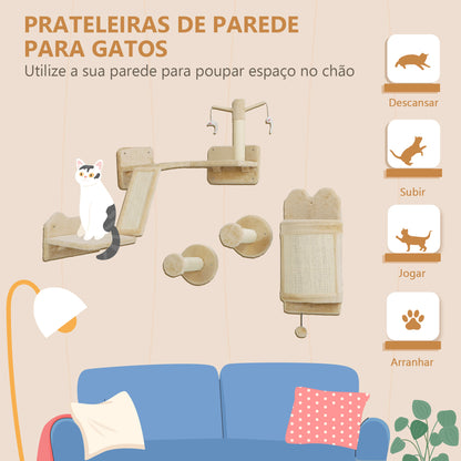 PawHut Prateiras de Parede para Gatos de 4 Peças Arranhador de Parede para Gatos com Postes de Sisal Plataforma de Salto e Bola de Brinquedo Bege