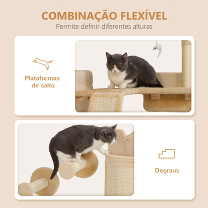 PawHut Prateiras de Parede para Gatos de 4 Peças Arranhador de Parede para Gatos com Postes de Sisal Plataforma de Salto e Bola de Brinquedo Bege