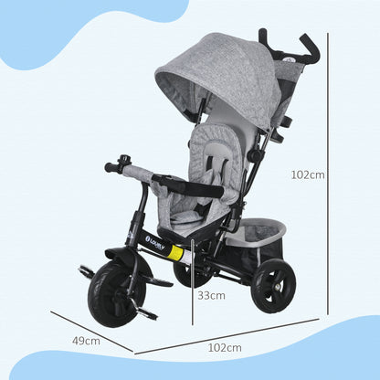 HOMCOM Triciclo para Bebés 2 em 1 Triciclo Evolutivo para Crianças de +12 Meses com Capota Dobrável Guiador Telescópico e Removível Bolsa e Porta-garrafas Cinza