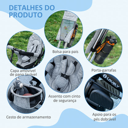 HOMCOM Triciclo para Bebés 2 em 1 Triciclo Evolutivo para Crianças de +12 Meses com Capota Dobrável Guiador Telescópico e Removível Bolsa e Porta-garrafas Cinza