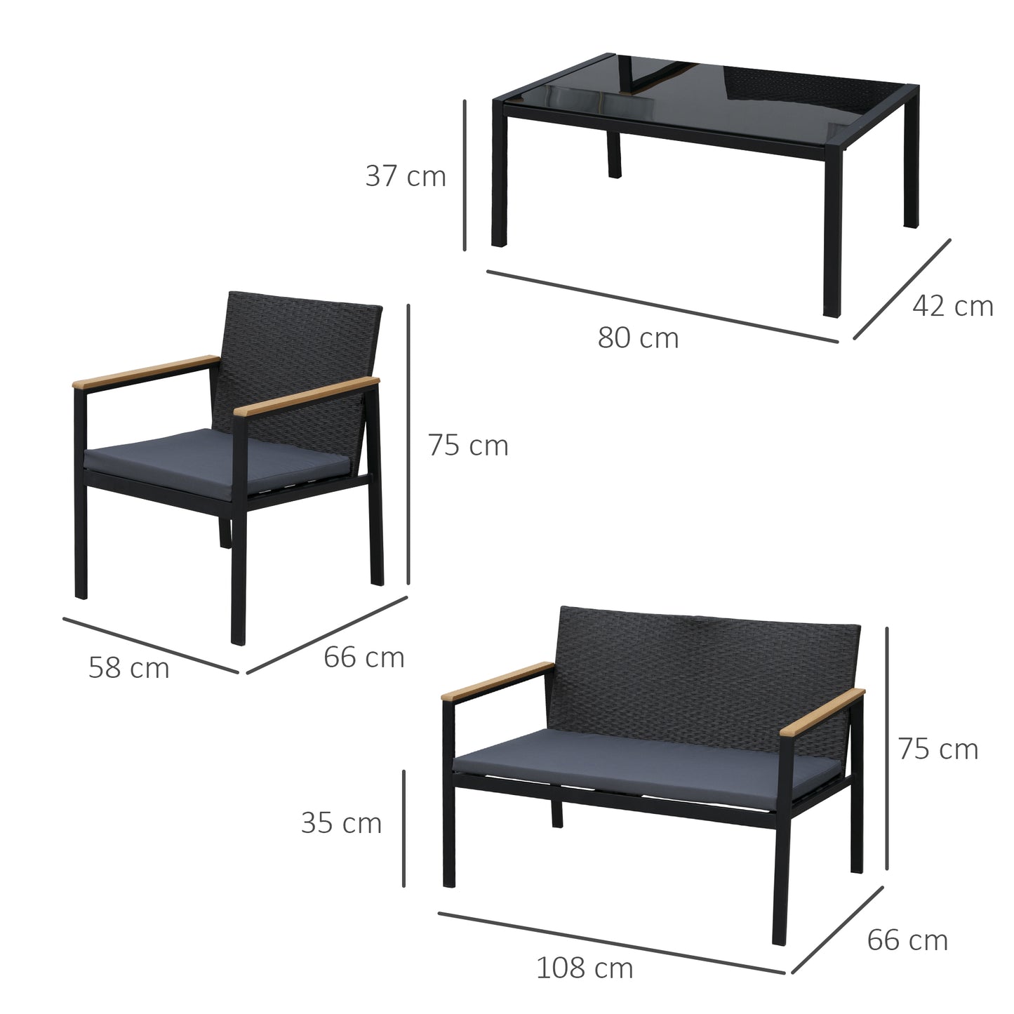 Outsunny Conjunto de Móveis de Vime e 4 Peças com Almofadas Acolchoadas 2 Poltronas 1 Sofá Duplo e Mesa de Centro com Vidro Temperado para Jardim Varanda Preto