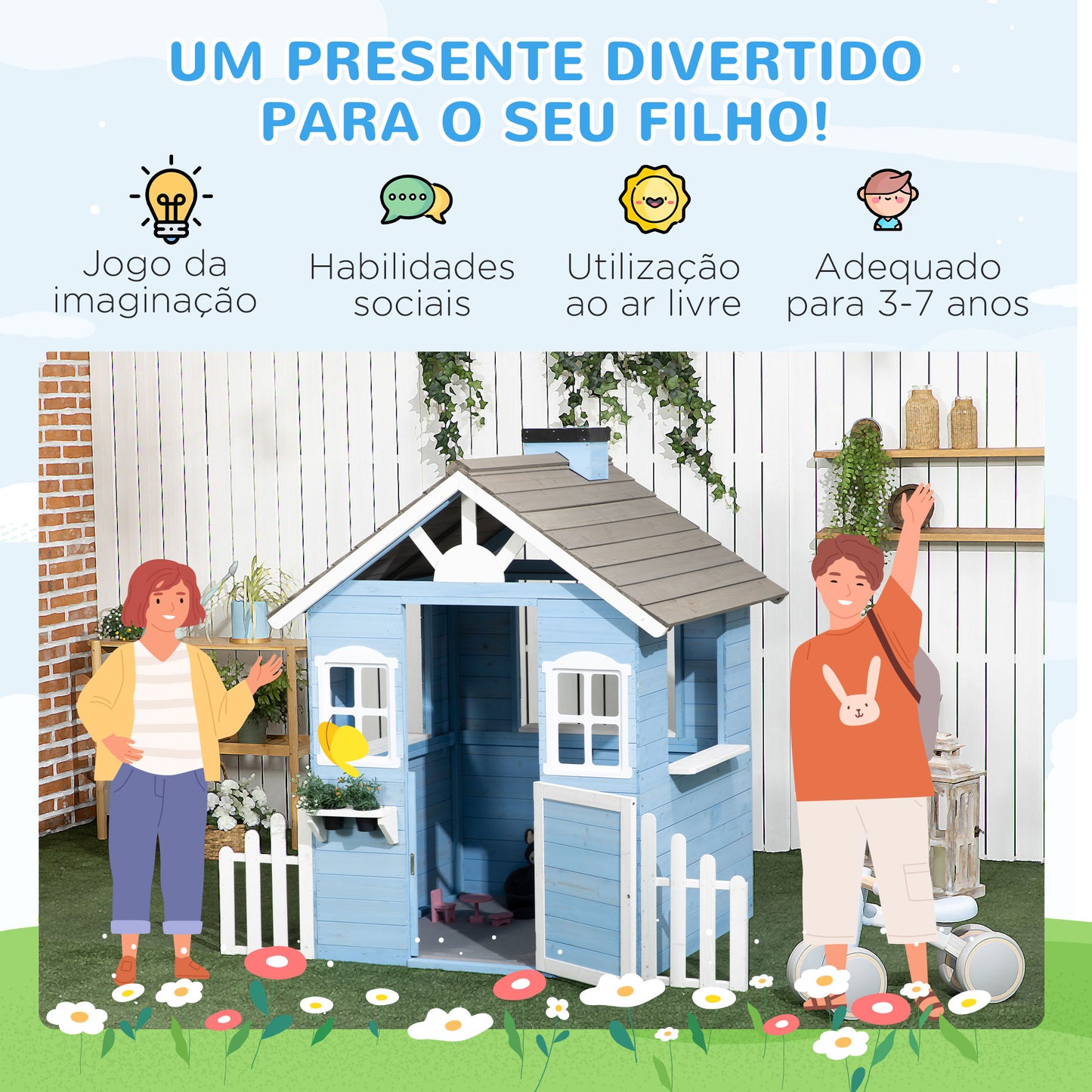 Outsunny Casa de Madeira para Crianças Casa de Madeira Infantil Exterior para Crianças de 3-7 Anos com Porta Janelas Vasos e Cercas Laterais 151x112,5x142 cm Azul