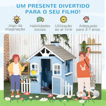 Outsunny Casa de Madeira para Crianças Casa de Madeira Infantil Exterior para Crianças de 3-7 Anos com Porta Janelas Vasos e Cercas Laterais 151x112,5x142 cm Azul