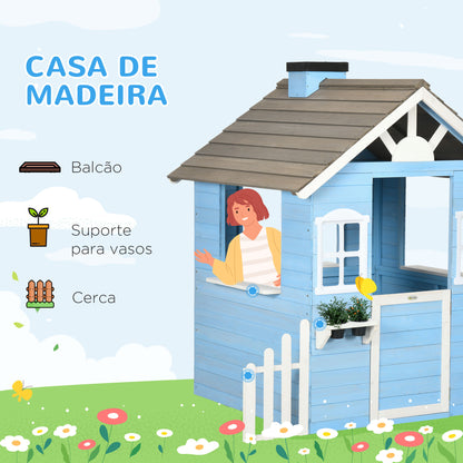 Outsunny Casa de Madeira para Crianças Casa de Madeira Infantil Exterior para Crianças de 3-7 Anos com Porta Janelas Vasos e Cercas Laterais 151x112,5x142 cm Azul