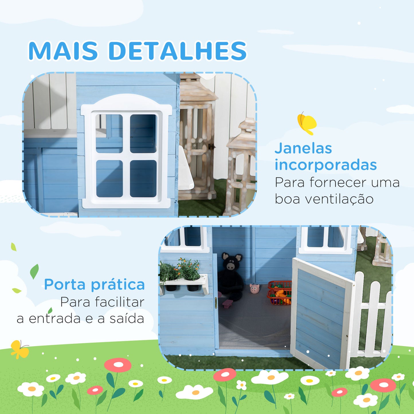 Outsunny Casa de Madeira para Crianças Casa de Madeira Infantil Exterior para Crianças de 3-7 Anos com Porta Janelas Vasos e Cercas Laterais 151x112,5x142 cm Azul