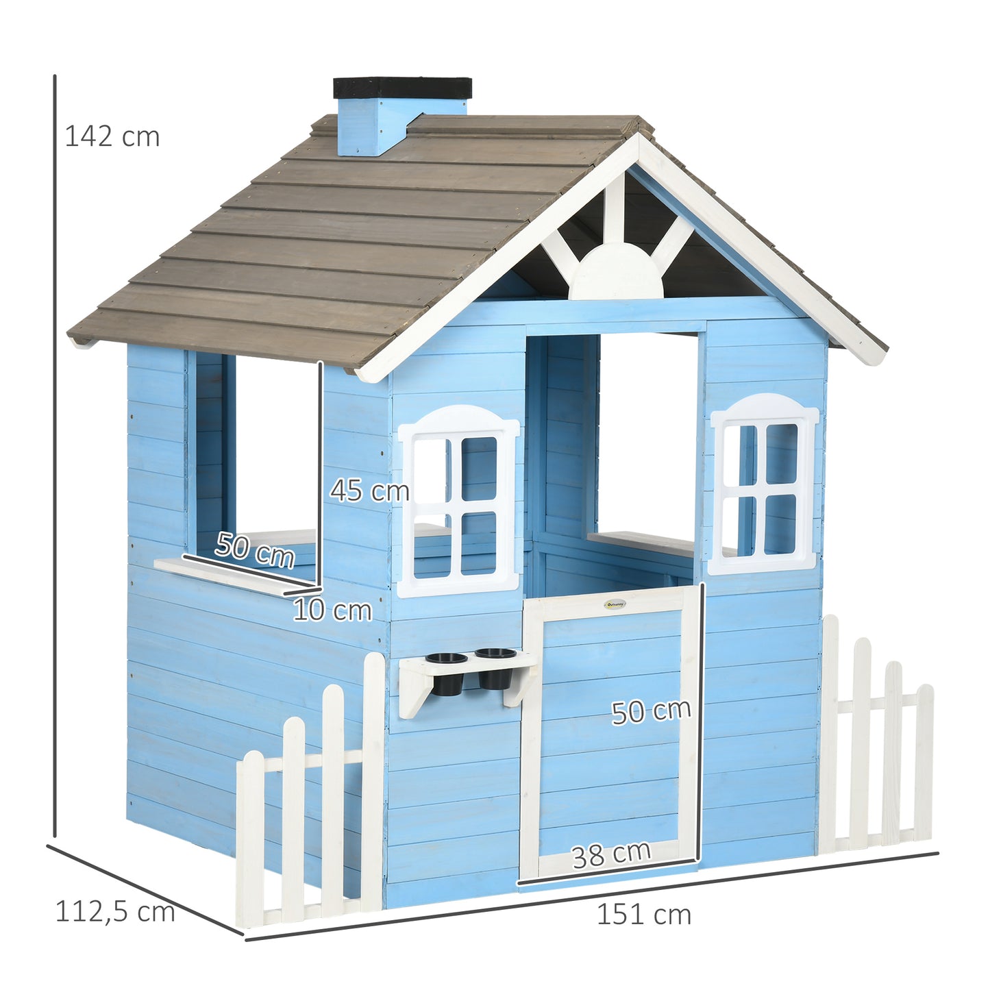 Outsunny Casa de Madeira para Crianças Casa de Madeira Infantil Exterior para Crianças de 3-7 Anos com Porta Janelas Vasos e Cercas Laterais 151x112,5x142 cm Azul