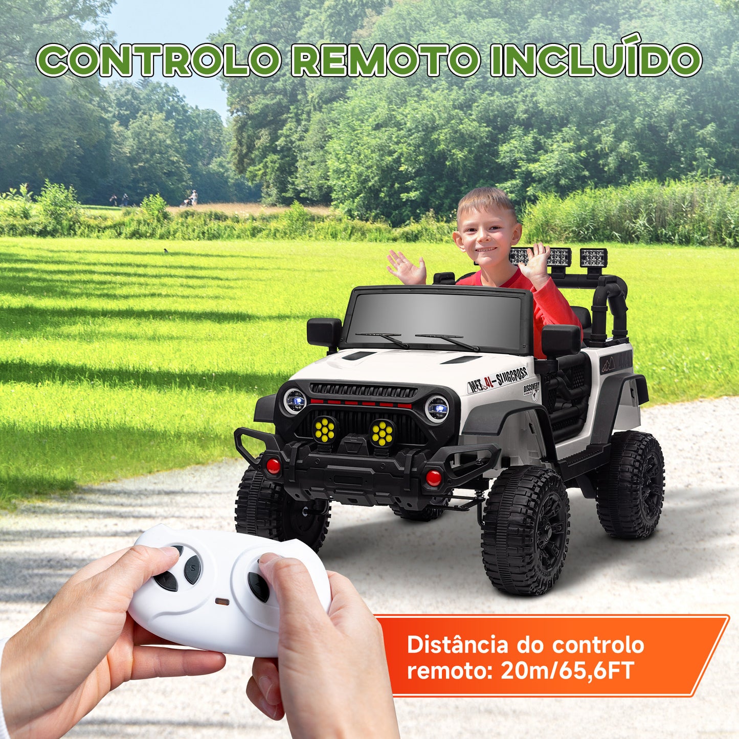 AIYAPLAY Carro Elétrico para Crianças acima de 3 Anos Carro Elétrico Infantil com Bateria de 12V Controlo Remoto Bluetooth Faróis LED Buzina e Música 100x63x65 cm Branco