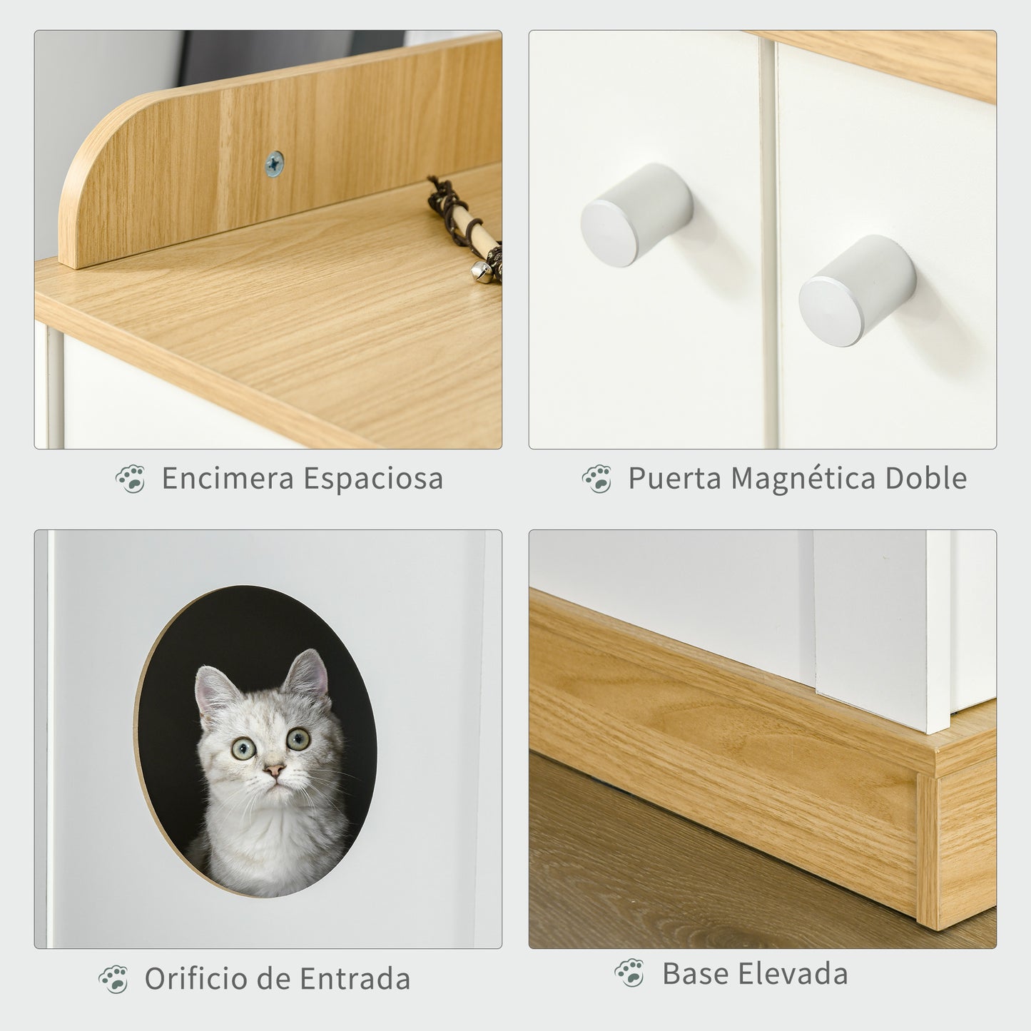 PawHut Casa para Gatos de Madeira Móvel Caixa de Areia para Gatos 2 em 1 com Bancada de Armazenamento Dupla Porta e Orifício de Entrada Lateral 75x53x67cm Branco e Carvalho