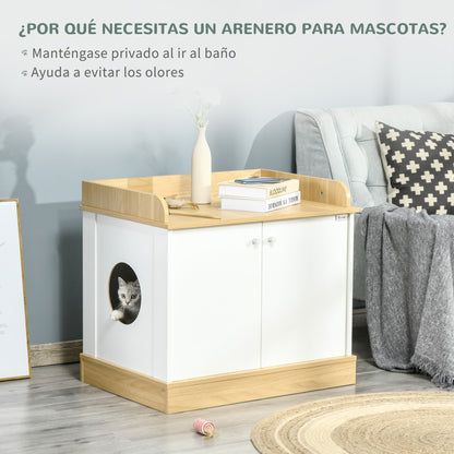 PawHut Casa para Gatos de Madeira Móvel Caixa de Areia para Gatos 2 em 1 com Bancada de Armazenamento Dupla Porta e Orifício de Entrada Lateral 75x53x67cm Branco e Carvalho