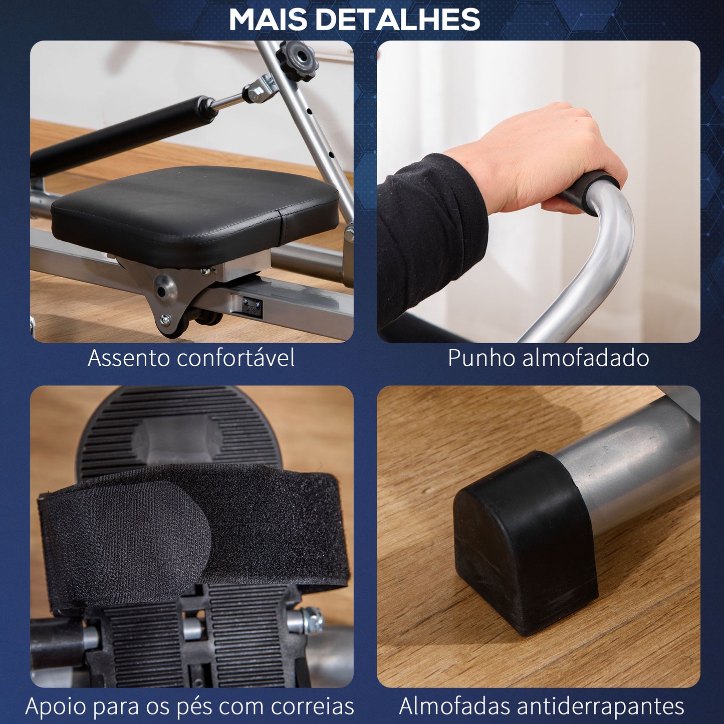 HOMCOM Máquina de Remo Hidráulico Dobrável com 4 Níveis de Resistência Ecrã Digital e Pedal Antiderrapante para Fitness em Casa Aço 129x70x70cm Preto e Prata