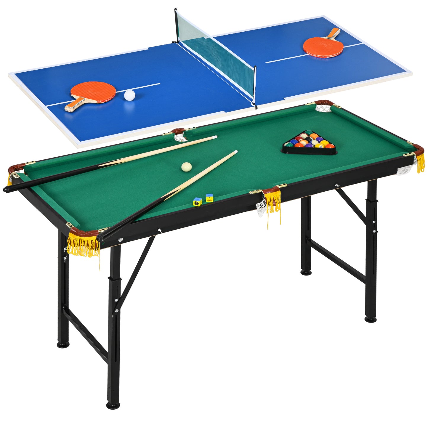 SPORTNOW 2 em 1 Mesa Multijogos para Crianças de 6+ Anos Mesa de Bilhar e Ping Pong Dobrável com Altura Ajustável e Acessórios 140x63x60-80 cm Multicolor