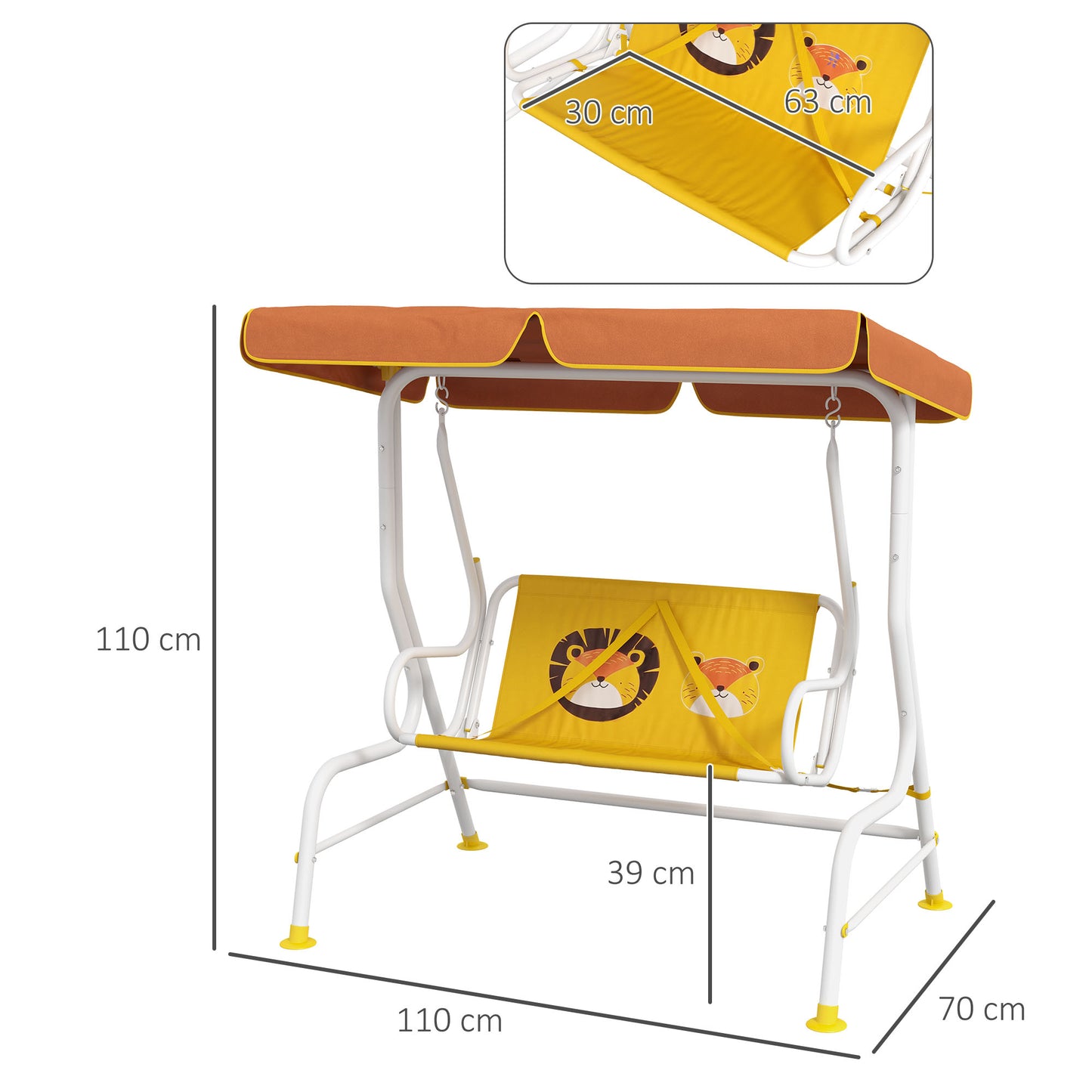 Outsunny Balanço de Jardim Exterior Balanço de Jardim Infantil de 2 Lugares com Padrão de Leão Toldo Ajustável em Ângulo Carga 60 kg 110x70x110 cm Amarelo