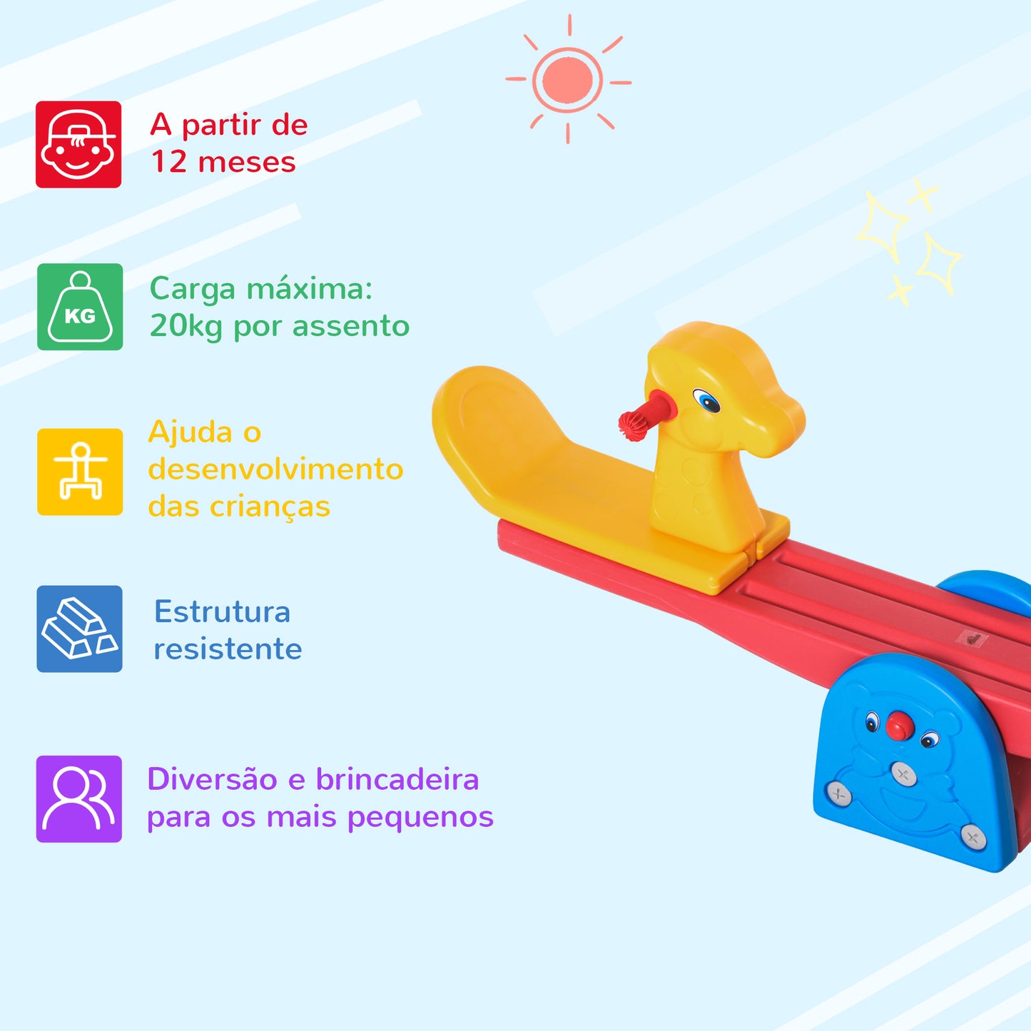 HOMCOM Baloiço Infantil em Forma de Girafa com Encosto Guidão Texturizado Carga 20kg por Assento para Interior e Exterior 150x32x60cm Multicor