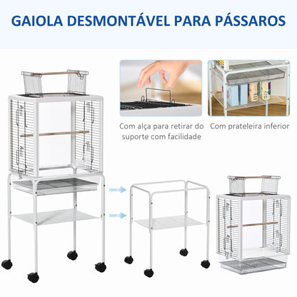 PawHut Gaiola para Passáros com Suporte Desmontável Gaiola com 4 Rodas Teto com Abertura 2 Comedouros 2 Poleiros Bandeja Removível 47x35x106,5cm Branco