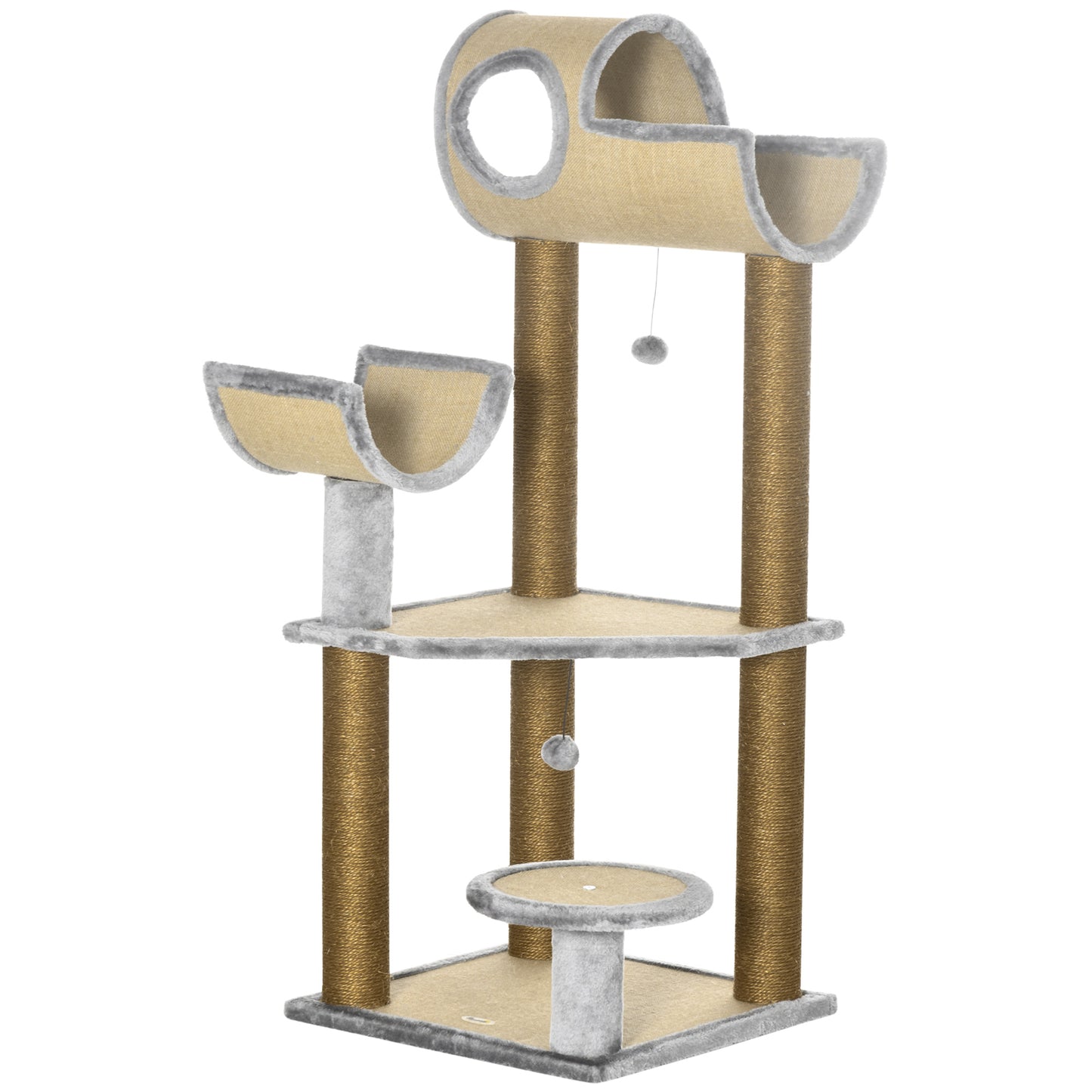 PawHut Árvore Arranhador para Gatos de 122cm Torre de Arranhar para Gatos com Múltiplas Camas Plataforma Bolas Suspensas e Poste de Sisal 49x49x122cm Marrom