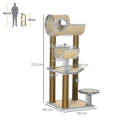 PawHut Árvore Arranhador para Gatos de 122cm Torre de Arranhar para Gatos com Múltiplas Camas Plataforma Bolas Suspensas e Poste de Sisal 49x49x122cm Marrom