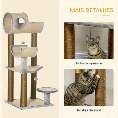 PawHut Árvore Arranhador para Gatos de 122cm Torre de Arranhar para Gatos com Múltiplas Camas Plataforma Bolas Suspensas e Poste de Sisal 49x49x122cm Marrom