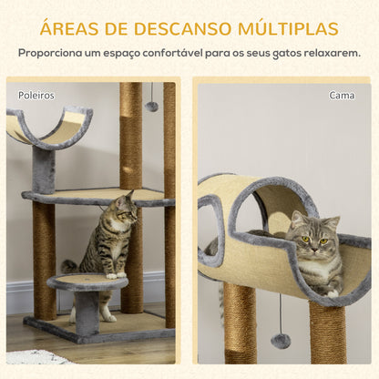 PawHut Árvore Arranhador para Gatos de 122cm Torre de Arranhar para Gatos com Múltiplas Camas Plataforma Bolas Suspensas e Poste de Sisal 49x49x122cm Marrom