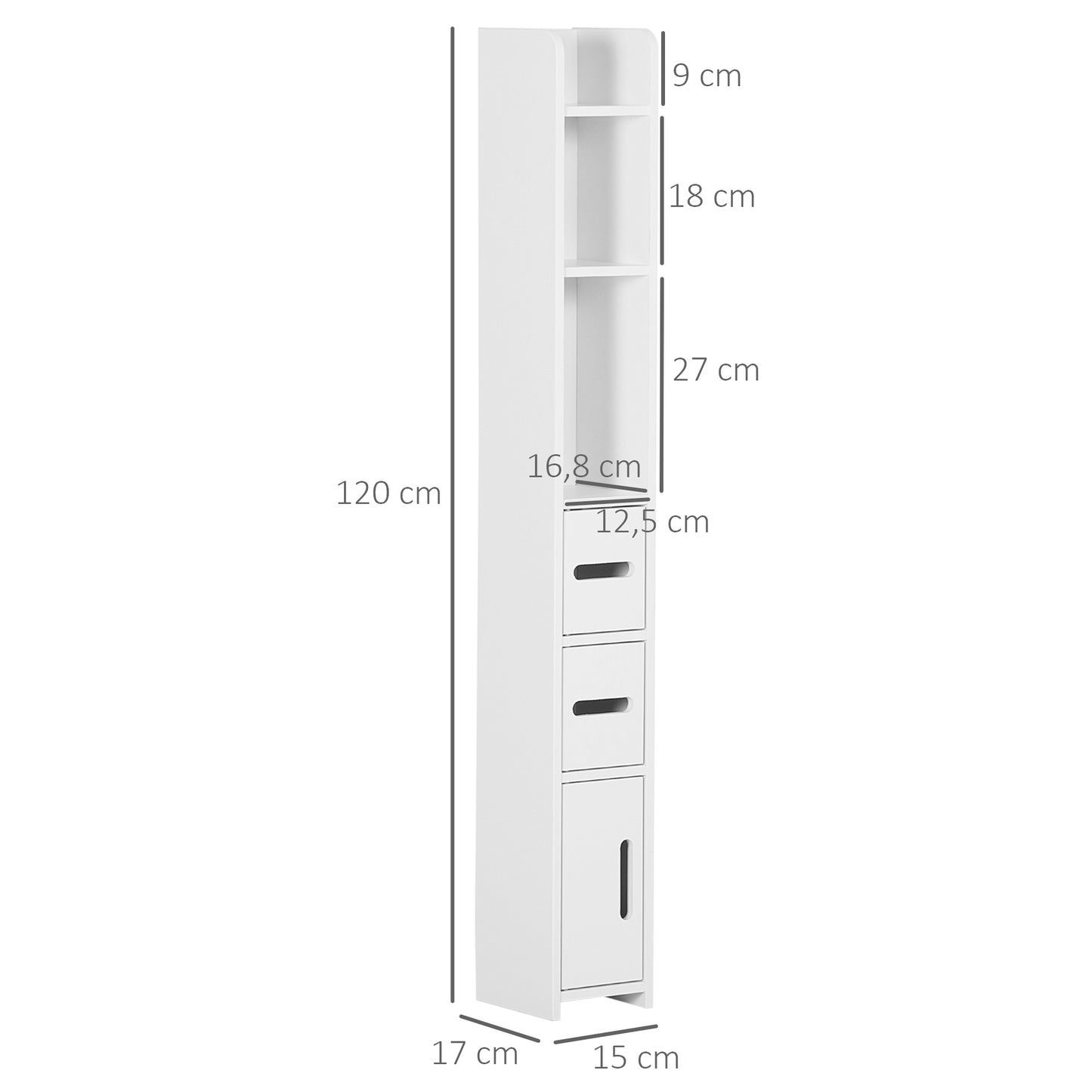 kleankin Coluna Casa de Banho com 3 Portas e 3 Prateleiras Abertas Coluna Auxiliar para Sala de Estar Casa de Banho Dormitório Estilo Moderno 15x17x120cm Branco