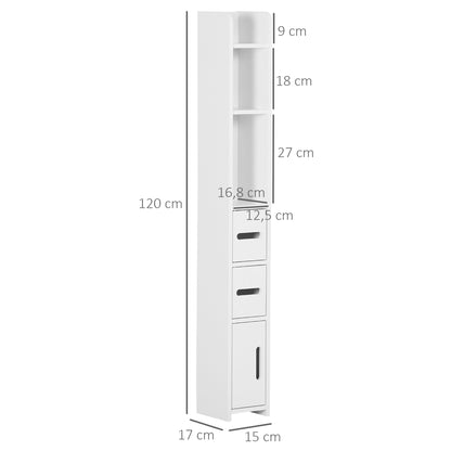 kleankin Coluna Casa de Banho com 3 Portas e 3 Prateleiras Abertas Coluna Auxiliar para Sala de Estar Casa de Banho Dormitório Estilo Moderno 15x17x120cm Branco