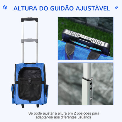 PawHut Transportadora Carrinho para Animais de Estimação 2 em 1 Mochila de Viagem com 2 Rodas para Cães Gatos com Alça Retrátil de Alumínio e Bolso de Armazenamento 42x25x55cm Azul