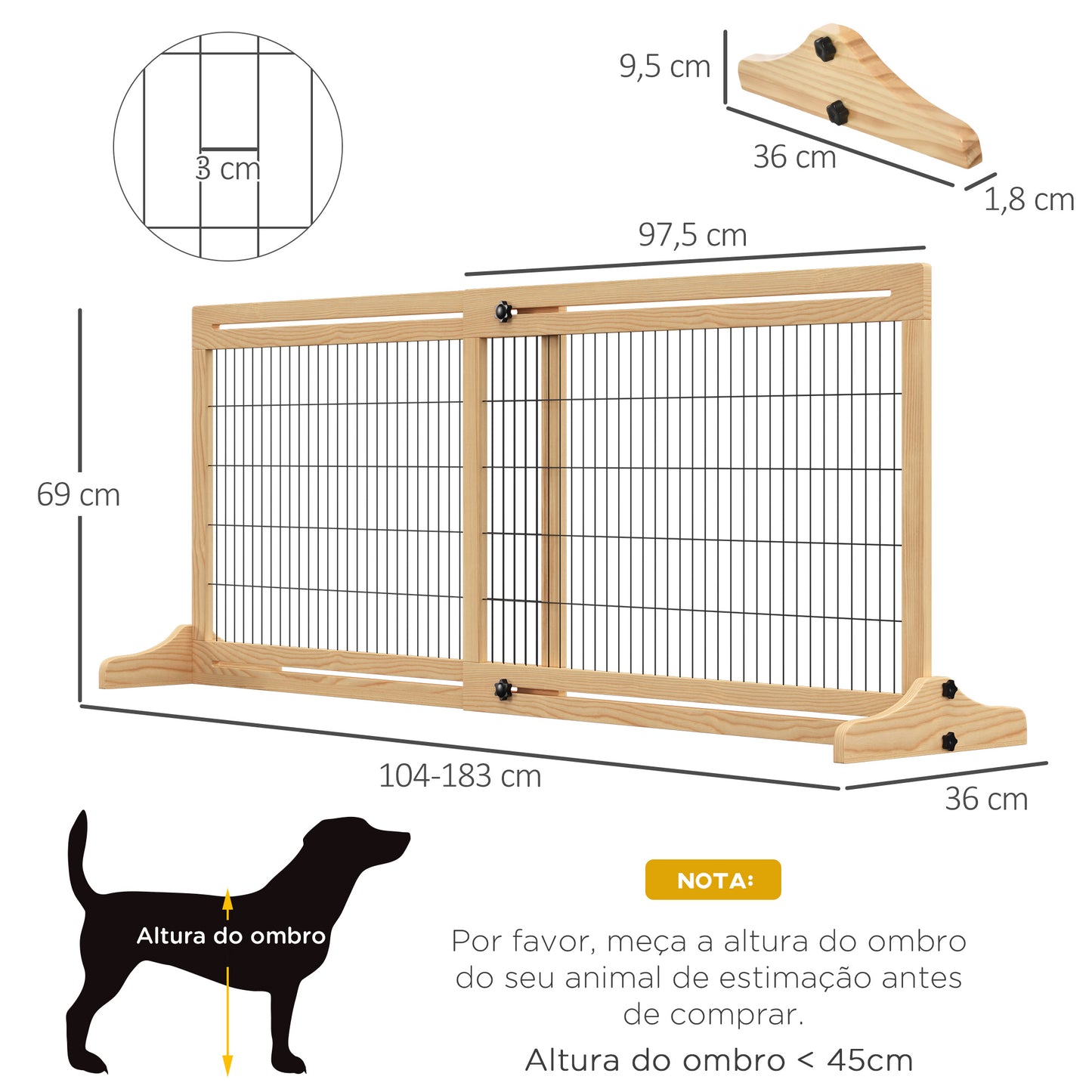 PawHut Barreira de Segurança para Cães de Madeira Extensível com Pés de Suporte Barreira de Proteção para Animais de Estimação para Portas Escada Corredor 104-183x36x69cm Natural