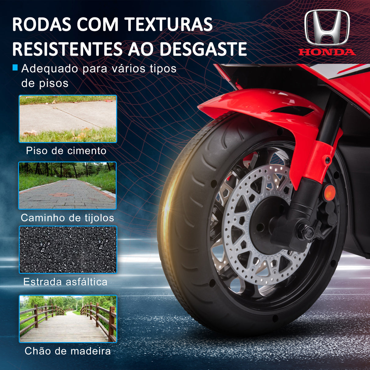 HOMCOM Mota Elétrica com Licença HONDA para Crianças de 3-5 Anos Mota a Bateria 6V com Farol Buzina Música e Rodas Auxiliares Removíveis Carga Máxima 30kg 90x44x52cm Vermelho