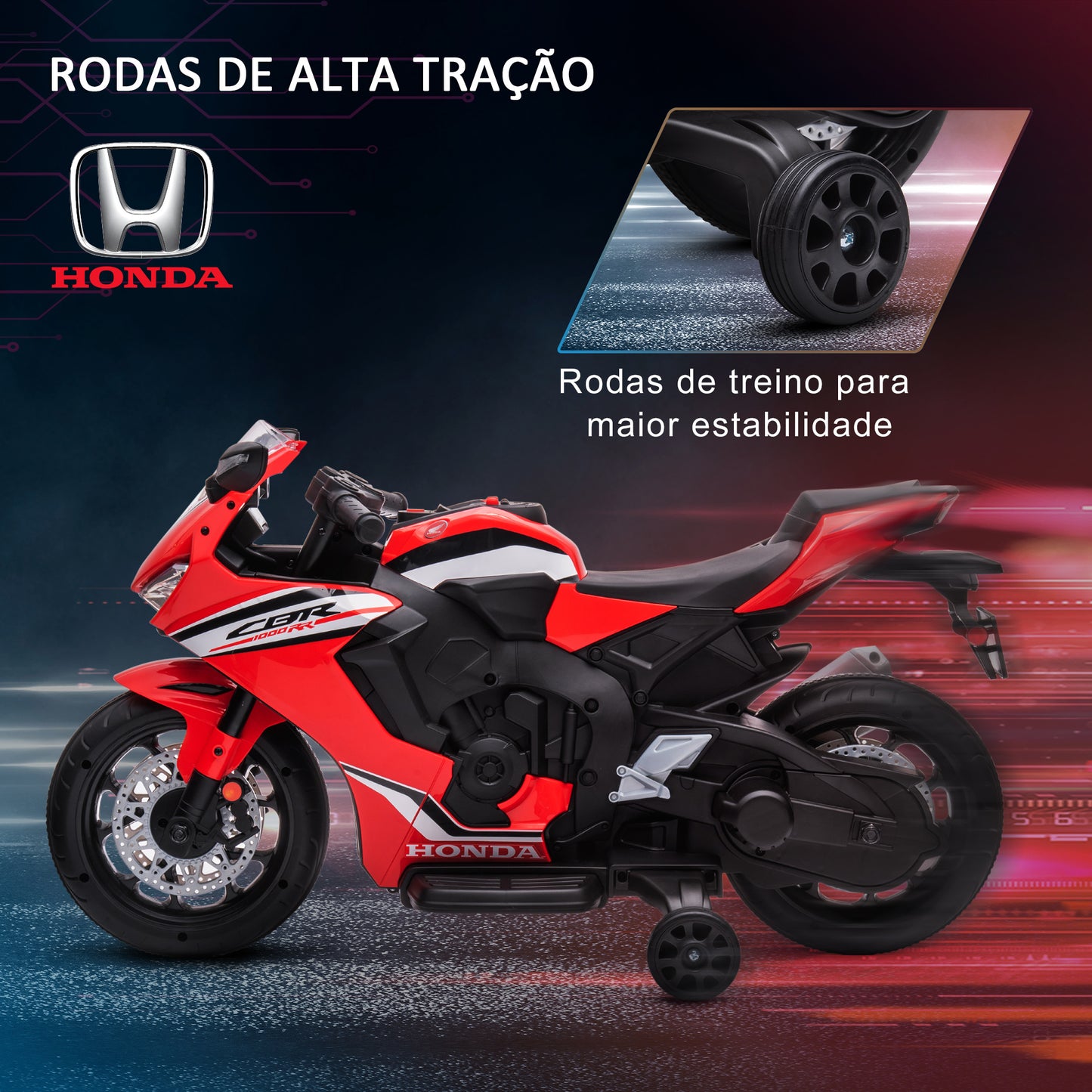 HOMCOM Mota Elétrica com Licença HONDA para Crianças de 3-5 Anos Mota a Bateria 6V com Farol Buzina Música e Rodas Auxiliares Removíveis Carga Máxima 30kg 90x44x52cm Vermelho