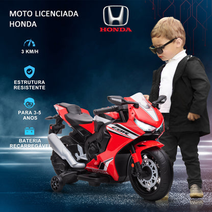 HOMCOM Mota Elétrica com Licença HONDA para Crianças de 3-5 Anos Mota a Bateria 6V com Farol Buzina Música e Rodas Auxiliares Removíveis Carga Máxima 30kg 90x44x52cm Vermelho