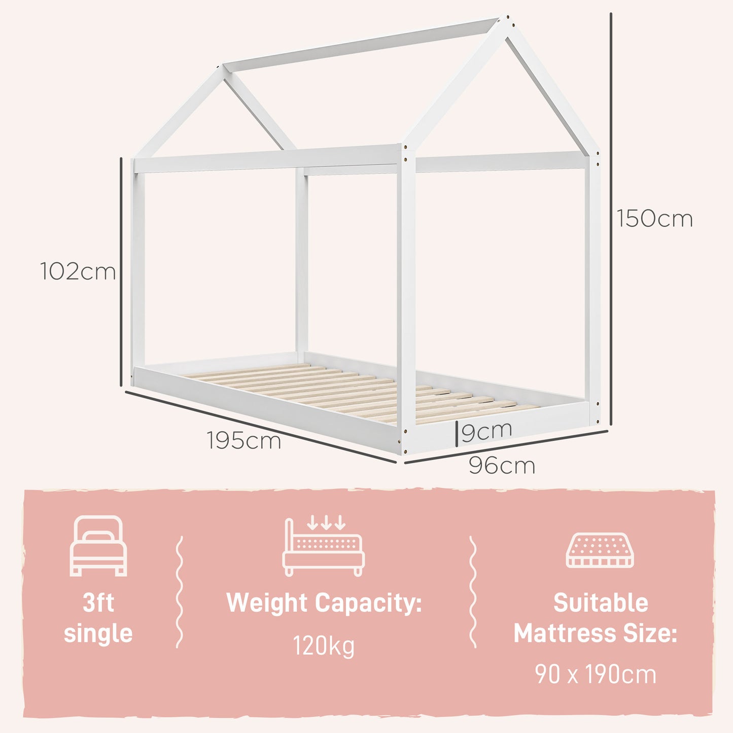 HOMCOM Cama Individual 90x190 cm Estrutura de Cama Somier de Madeira em Forma de Casa Carga 120 kg para Quarto Branco