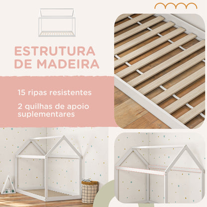 HOMCOM Cama Individual 90x190 cm Estrutura de Cama Somier de Madeira em Forma de Casa Carga 120 kg para Quarto Branco