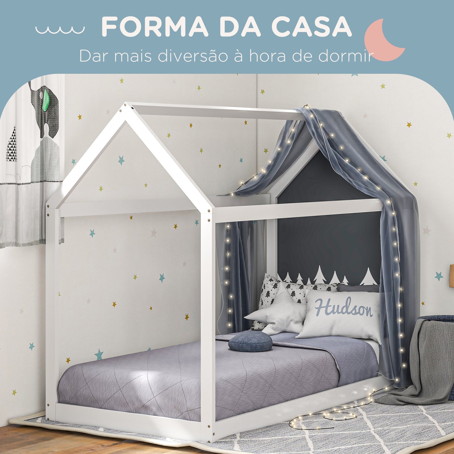 HOMCOM Cama Individual 90x190 cm Estrutura de Cama Somier de Madeira em Forma de Casa Carga 120 kg para Quarto Branco