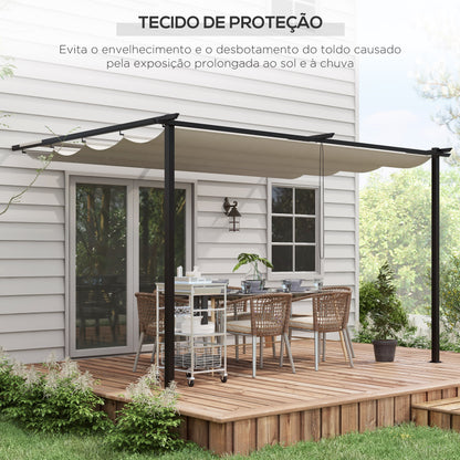 Outsunny Pérgola de Parede de Jardim 3,9x2,9 m Pérgola com Teto Retrátil Tecido de Poliéster e Estrutura de Aço para Pátio Varanda Creme