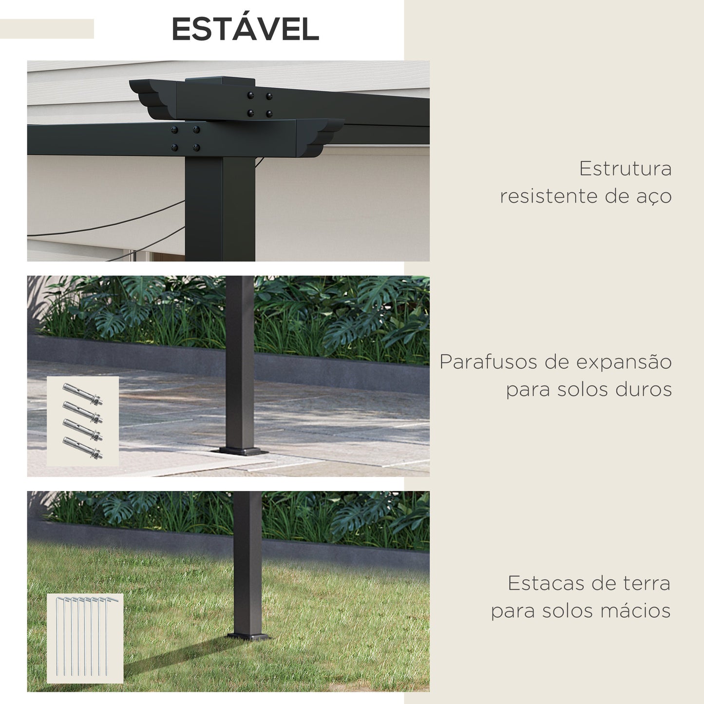 Outsunny Pérgola de Parede de Jardim 3,9x2,9 m Pérgola com Teto Retrátil Tecido de Poliéster e Estrutura de Aço para Pátio Varanda Creme