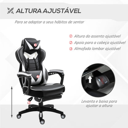 Vinsetto Cadeira de escritorio gaming ergonômica Altura ajustável Reclinável Encosto com apoio para pés Encosto de cabeça Almofada lombar Rodas 65x70x118,5-126,5 cm Branco e Preto