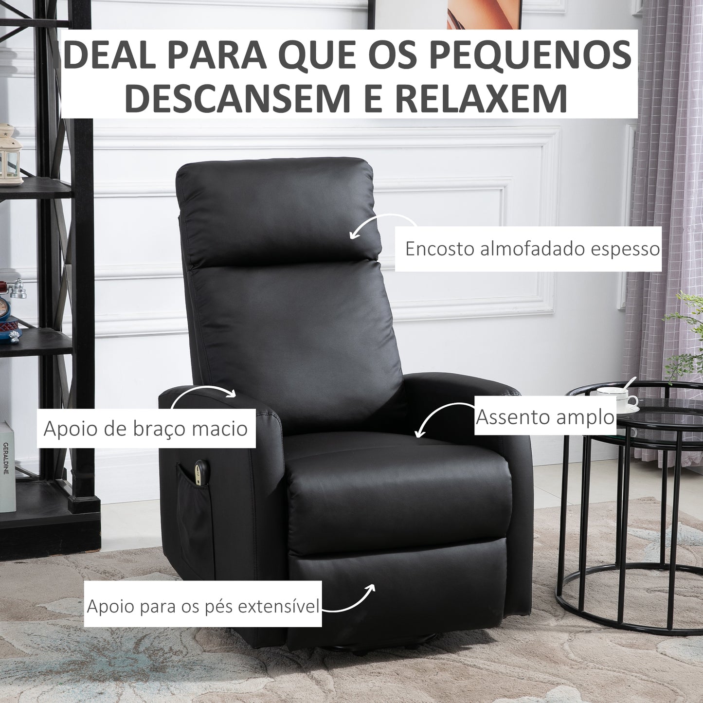 HOMCOM Poltrona Relax Levanta Pessoas Poltrona Elétrica Reclinável a 145° com Controlo Remoto Apoio para Pés para Pessoas Idosas 67x95x105 cm Preto