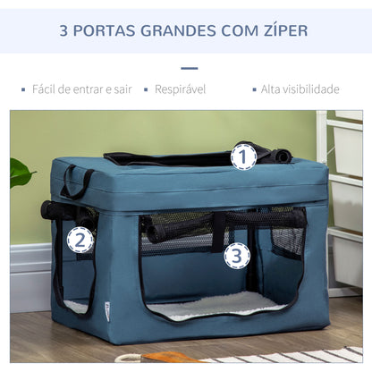 PawHut Transportadora para Cães e Gatos Bolsa Portátil e Dobrável para Animais de Estimação Transportadora com 3 Portas e Almofada Suave 48,5x34x34 cm Azul