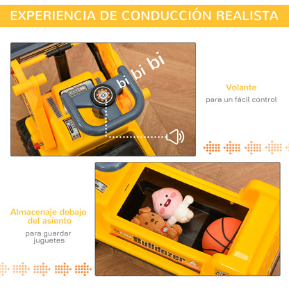 HOMCOM Trator sem Pedais para Crianças de 2-3 Anos com Pá Escavadora Espaço de Armazenamento Oculto Volante e Buzina 70x26x37cm Amarelo