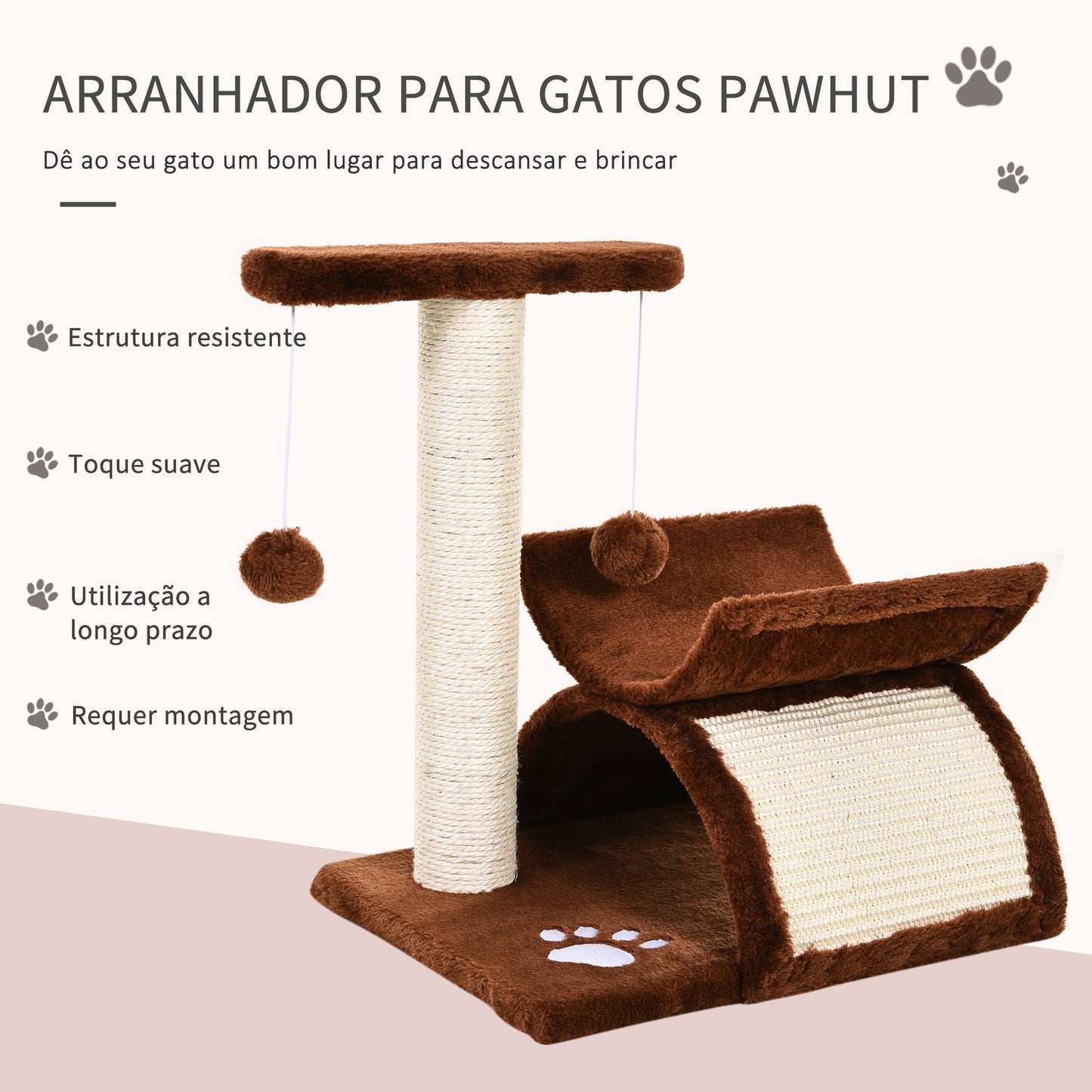 PawHut Árvore Arranhador para Gatos Pequena 43 cm Torre para Gatos com Poste Giratório Bolas Suspensas Plataforma Curva e Esconderijo 40x30x43 cm Marrom