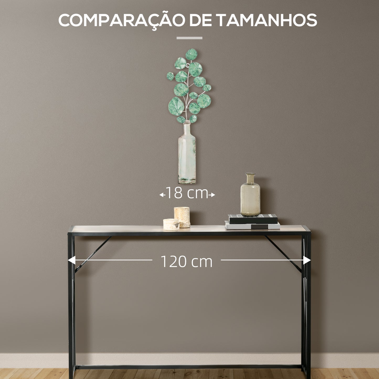 HOMCOM Decoração de Parede de Metal 3D com Planta Verde em Vaso 18x56cm Arte de Parede Decoração de Parede Metálica para Sala de Estar Dormitório Escritório Verde e Prata