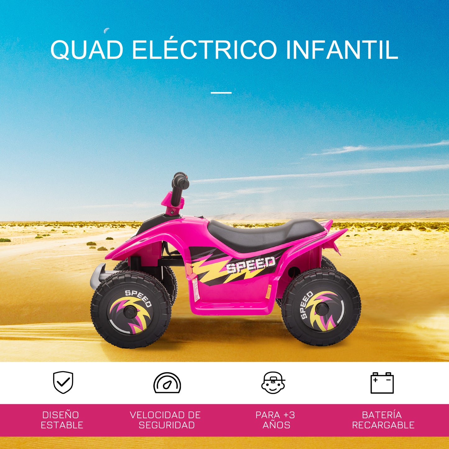 HOMCOM Quadriciclo Elétrico para Crianças de 18-36 Meses Veículo Elétrico Quadriciclo a Bateria 6V com Avance e Retrocesso Carga Máx. 20kg 72x40x45,5cm Rosa